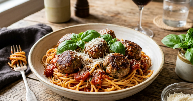 Plate of spaghetti with tomato sauce, meatballs, fresh basil, and grated cheese