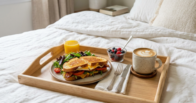 Wooden tray with breakfast sandwich, salad, orange juice, mixed berries, and latte on a bed