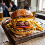 Steaming cheeseburger with cheddar cheese, lettuce, tomato, onion, on a sesame bun with fries