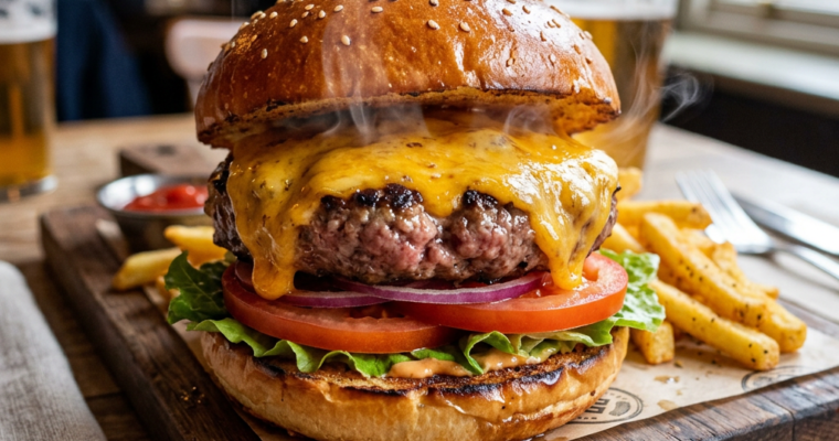 Steaming cheeseburger with cheddar cheese, lettuce, tomato, onion, on a sesame bun with fries