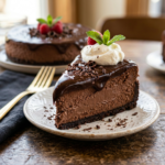 Slice of chocolate mousse cake with chocolate ganache, whipped cream, mint leaf, and raspberry on white plate